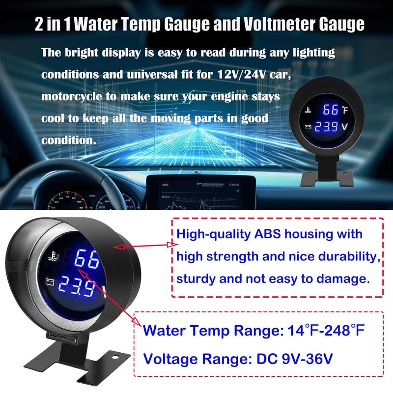 BLLYOGU 2-in-1 Water Temperature & Voltage Gauge Set - 2” 52mm Digital Blue LED Display for 12V/24V Cars - Image 3